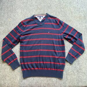 Tommy Hilfiger Sweater Mens M Navy Red Stripes V-Neck Pullover Cotton‎ Preppy